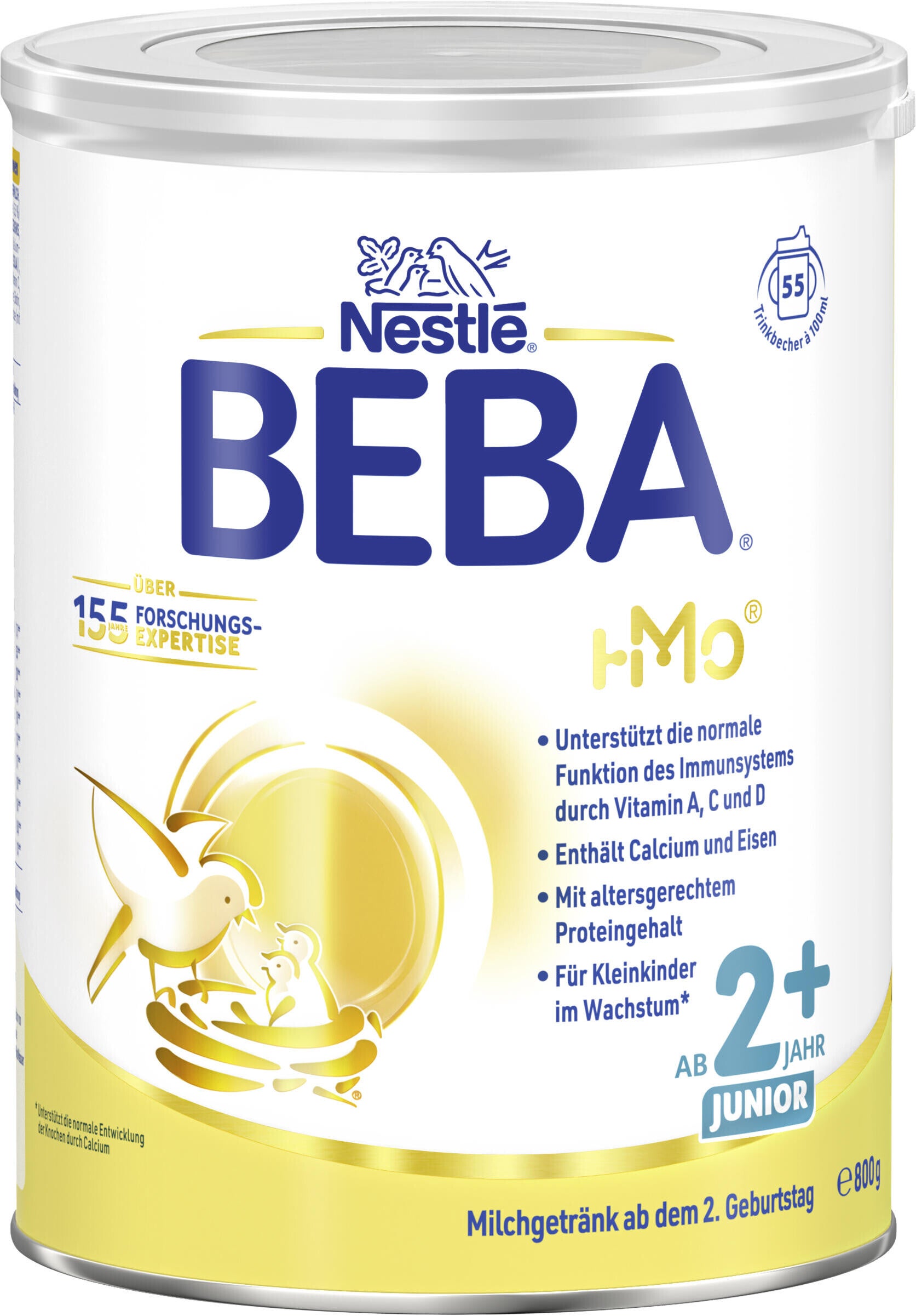 gelbe Metalldose Nestlé BEBA 2+ Milchpulver mit Löffel und Milchgrafik