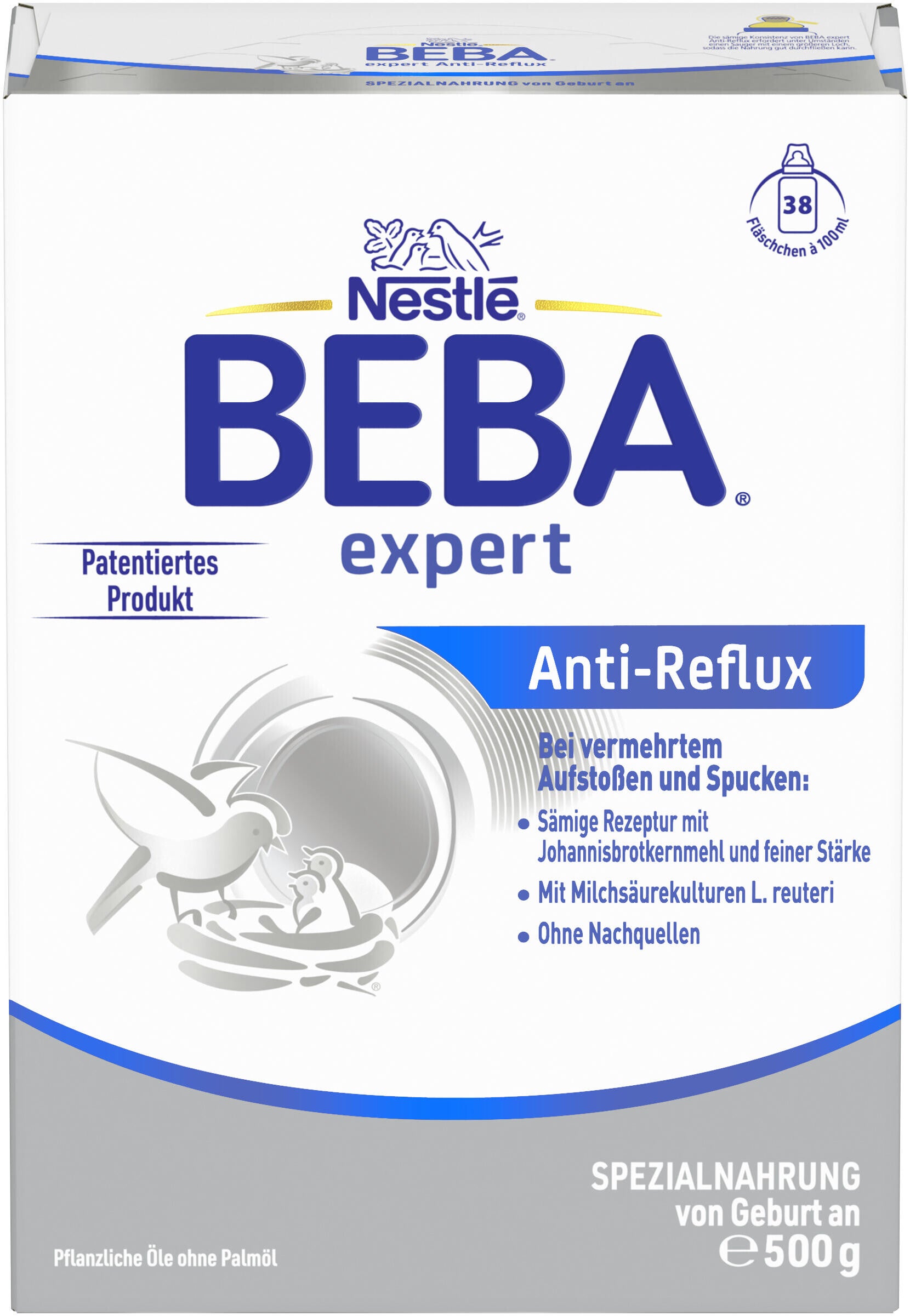 Fotografie einer Nestlé BEBA expert Anti‑Reflux Packung, weiß-blaues Design