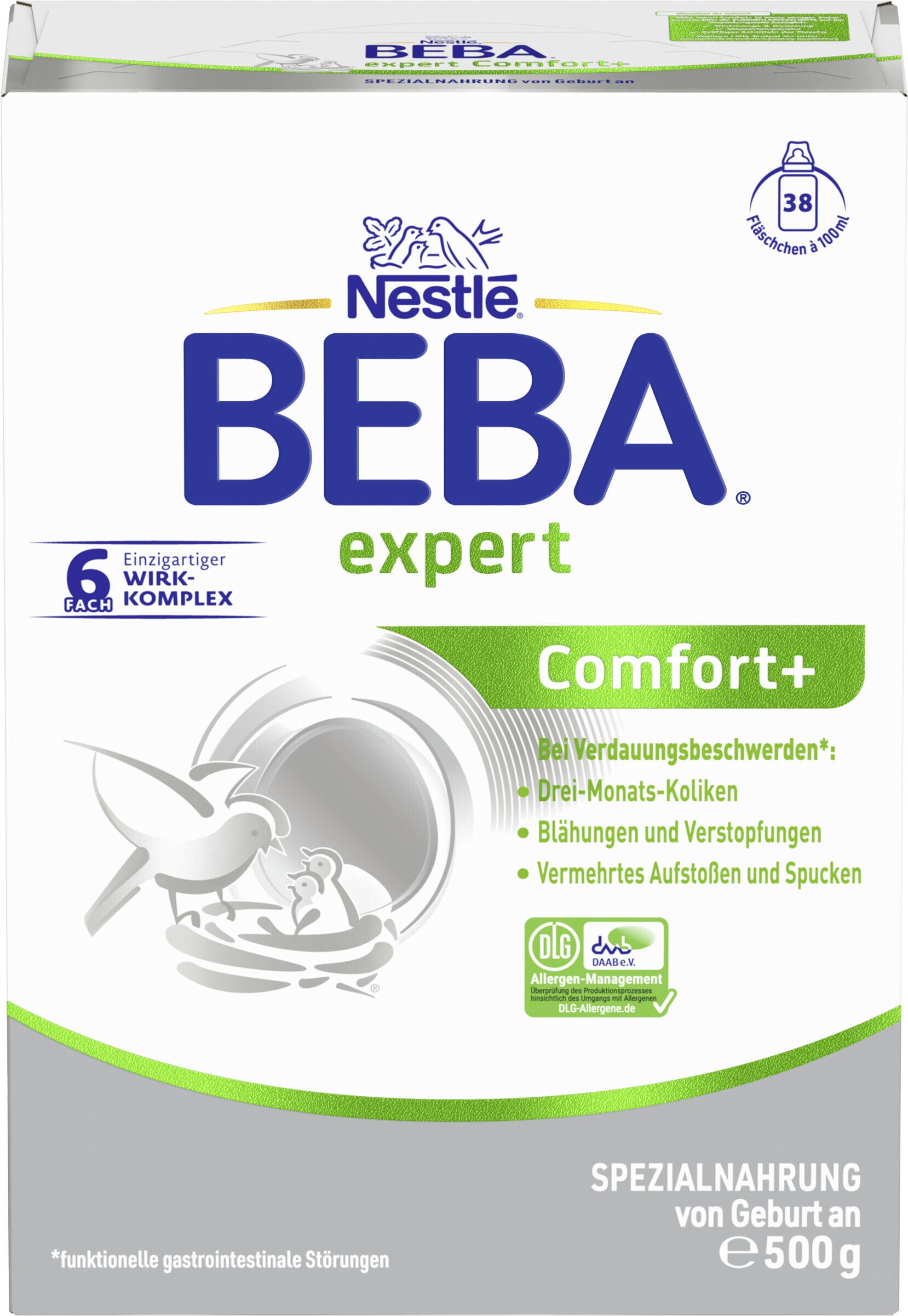 Verpackung der Nestlé BEBA expert Comfort+ Säuglingsnahrung, weiß-grün