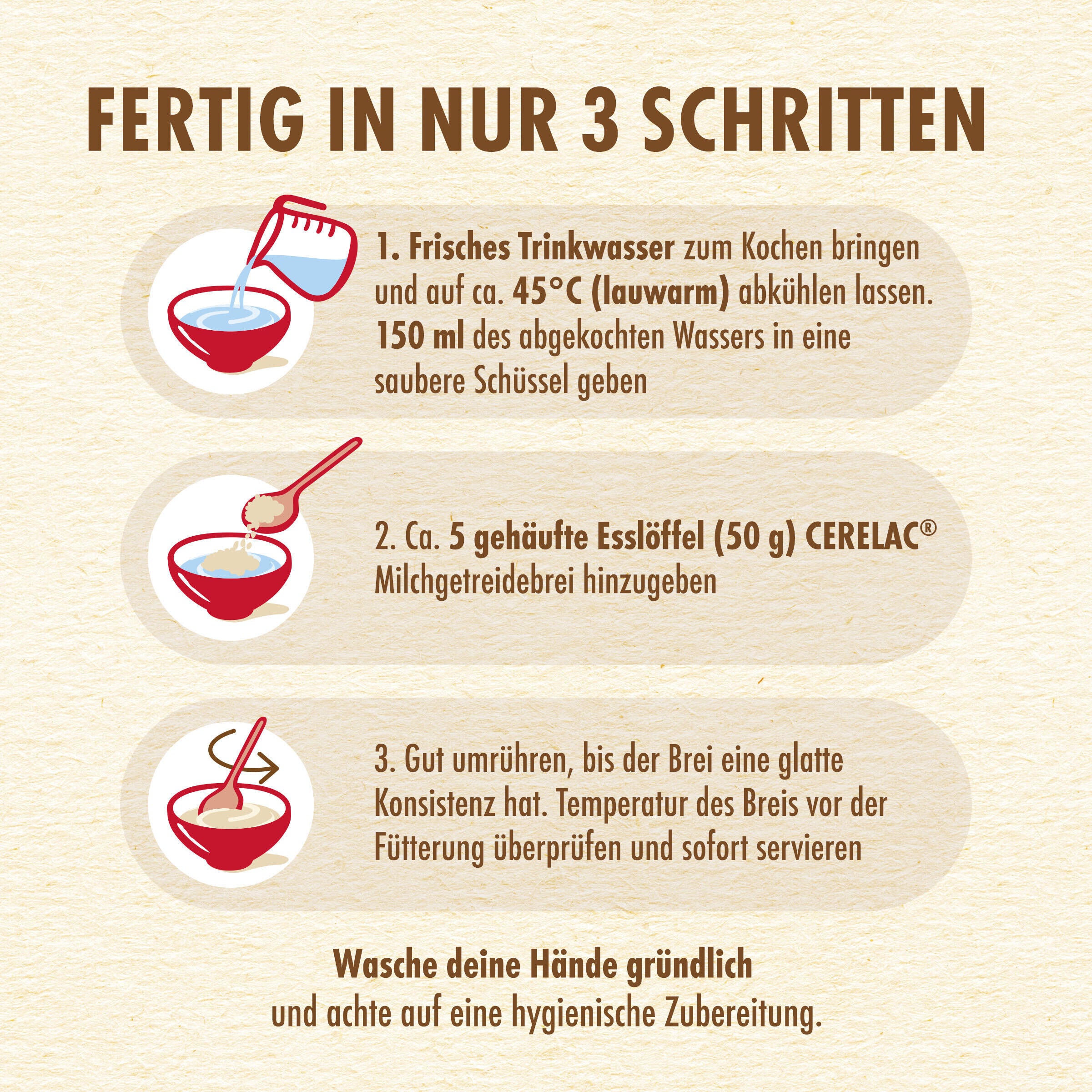 Three illustrated steps for preparing a cereal meal.