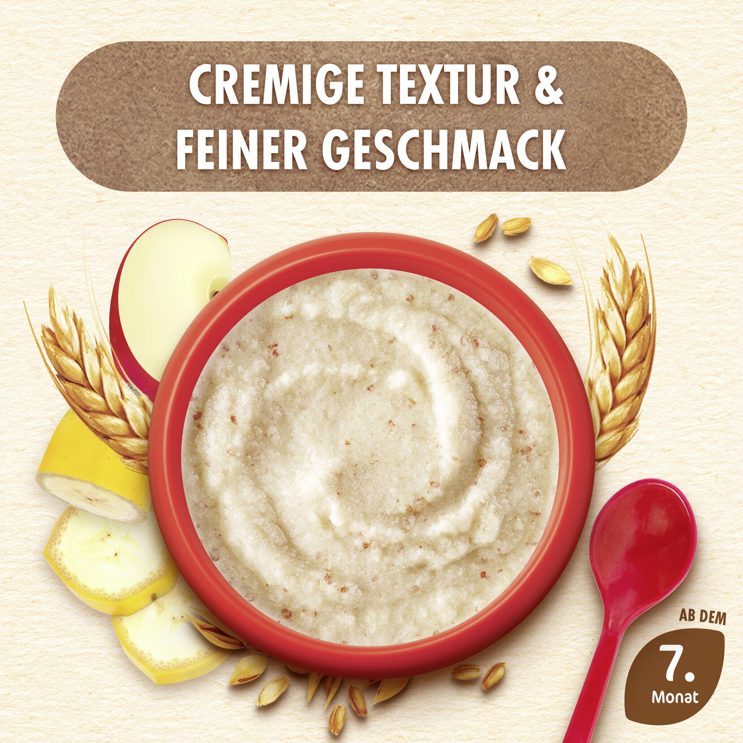 Bowl of creamy porridge with bananas and wheat, red spoon beside.