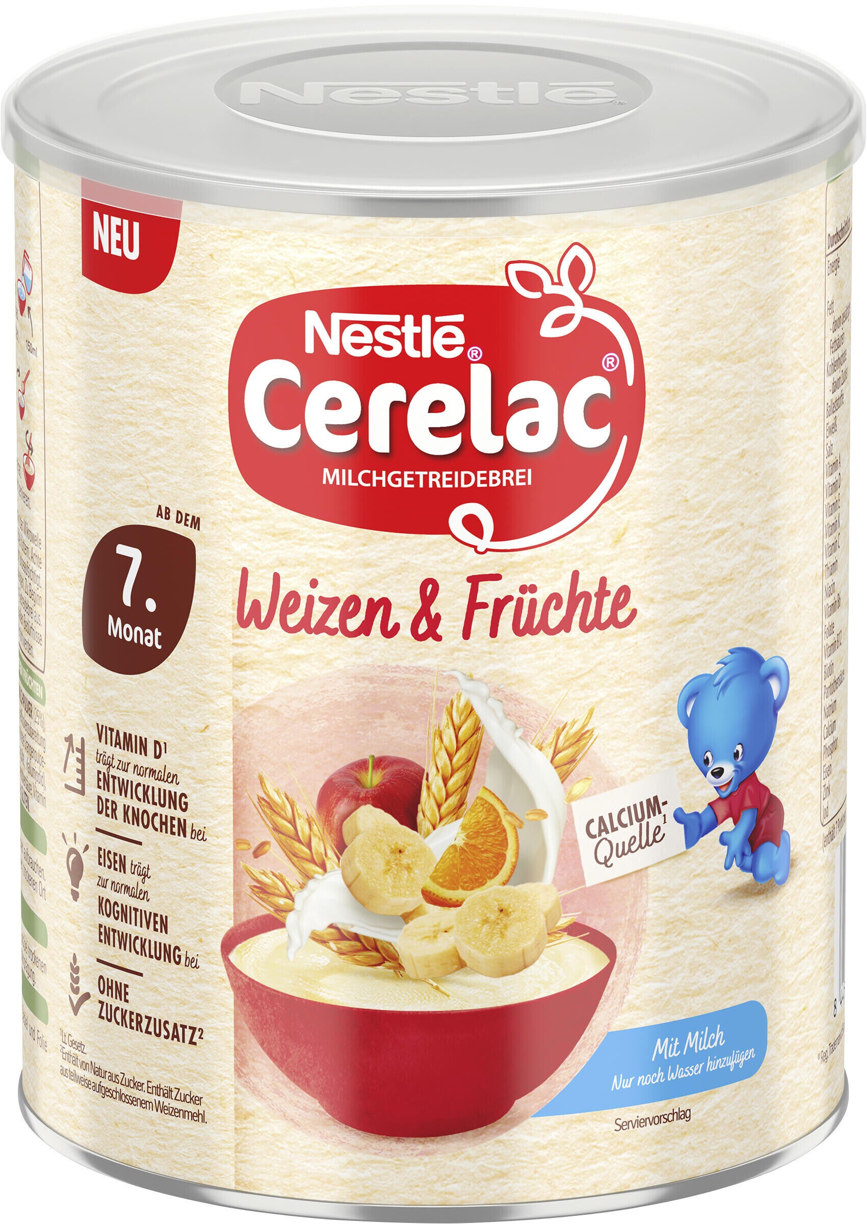 Nestlé Cerelac wheat and fruits cereal tin with cartoon bear.