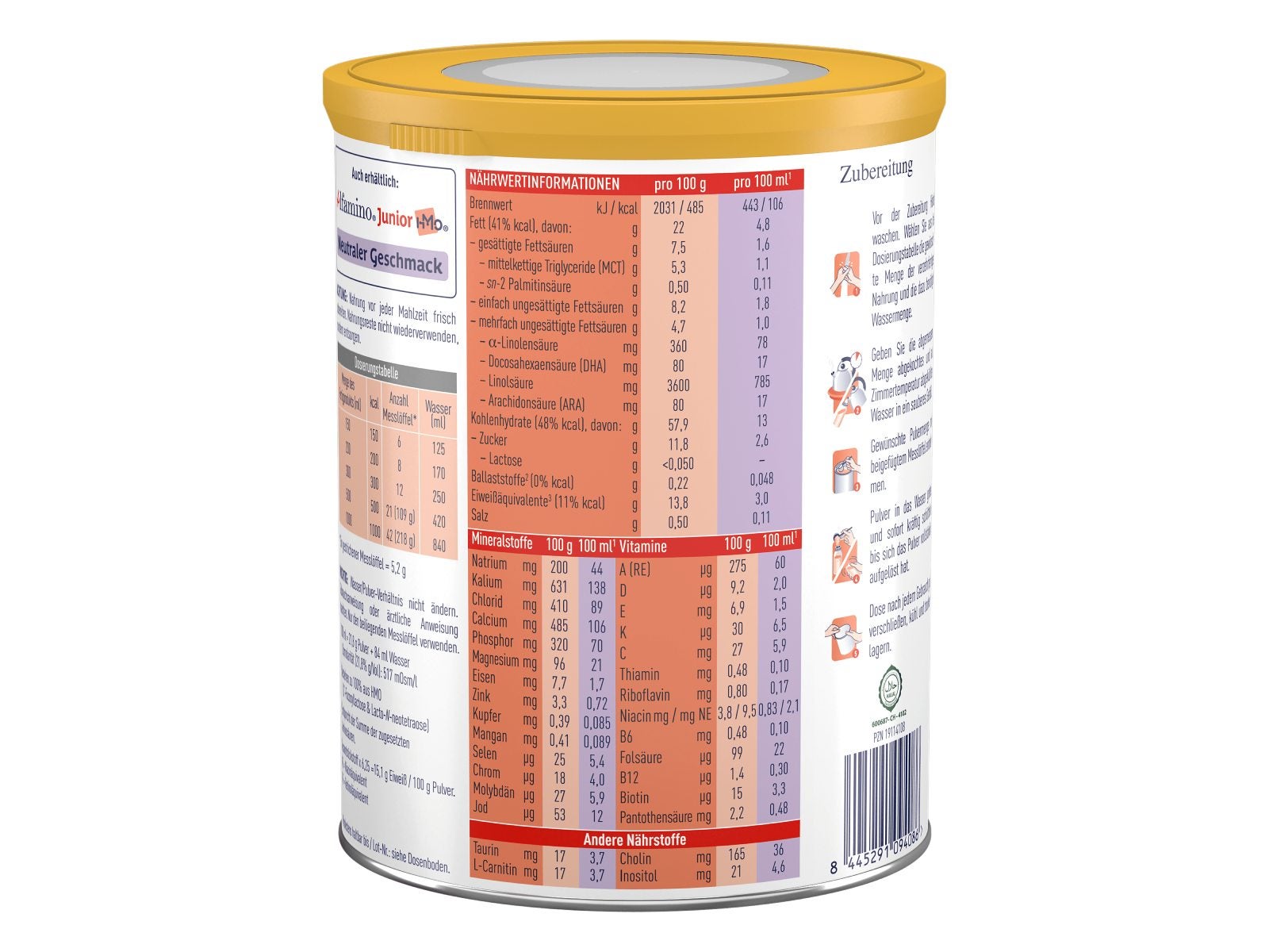 Alfamino Junior Vanille-Geschmack 400 g Dose - Nährwerte