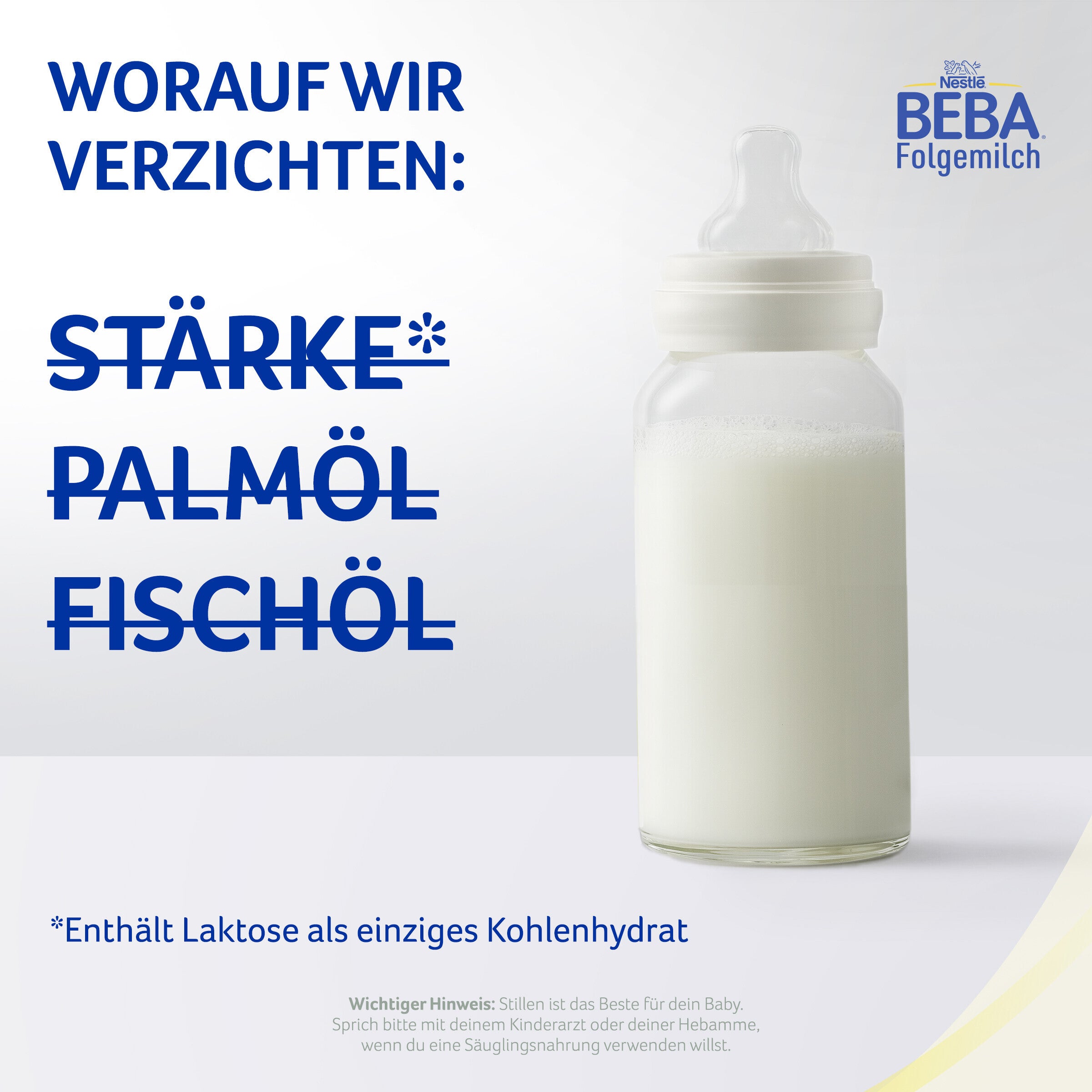 Baby bottle with milk, blue text listing ingredients omitted.