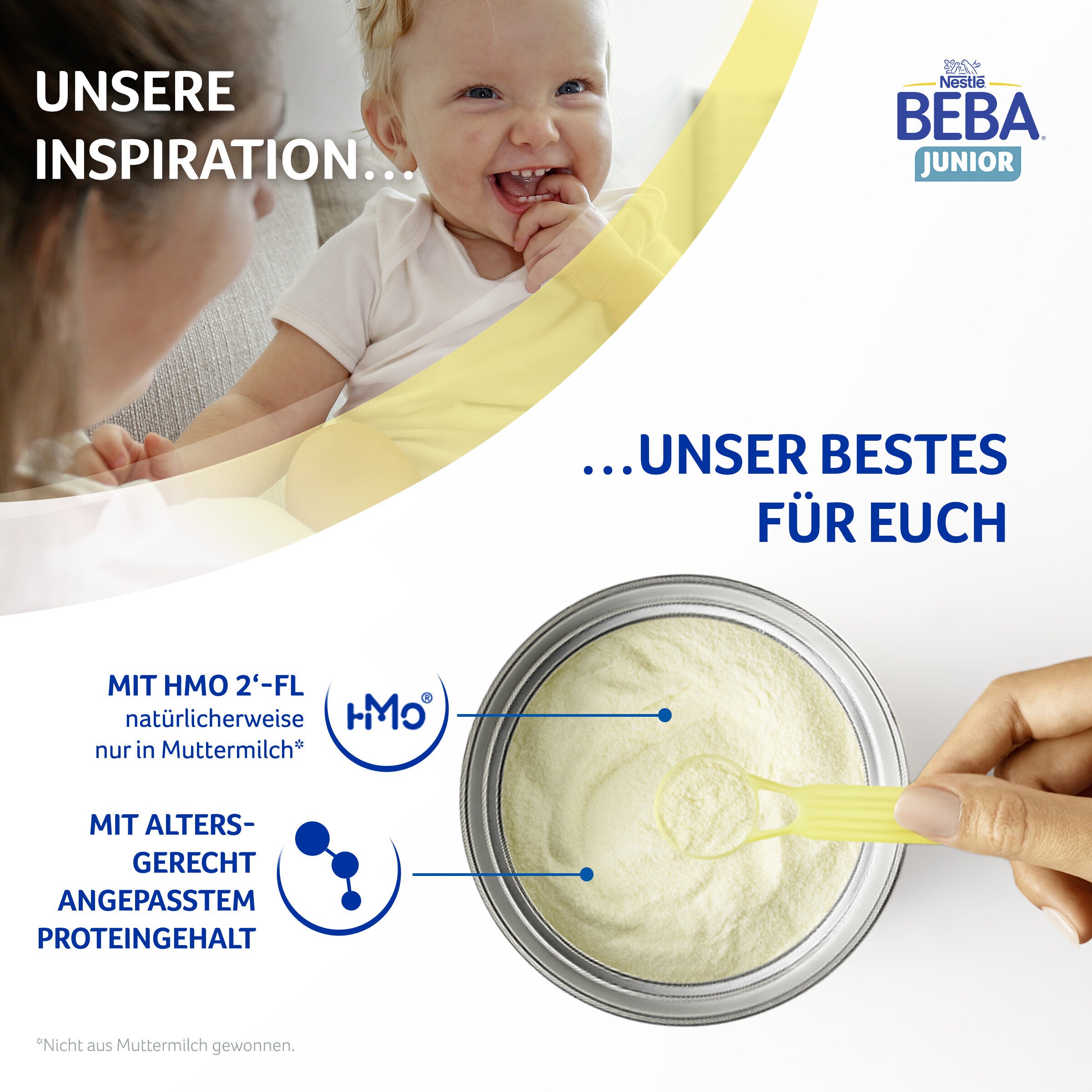 Container of infant formula with a scoop, text overlay, partial view of a child.