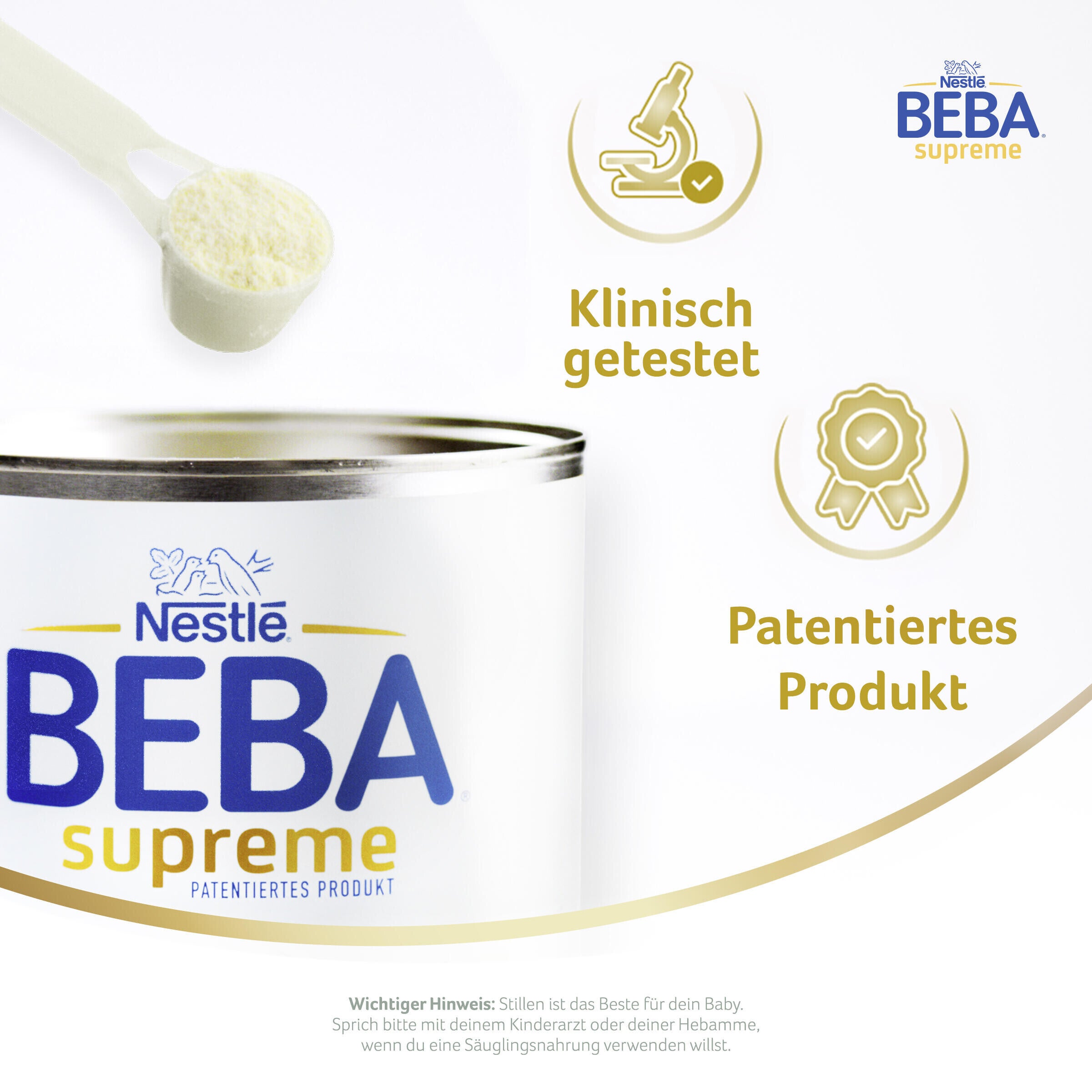 Nestlé BEBA Supreme Produktdose mit Messlöffel und goldenen Icons für klinische Studien/Patente