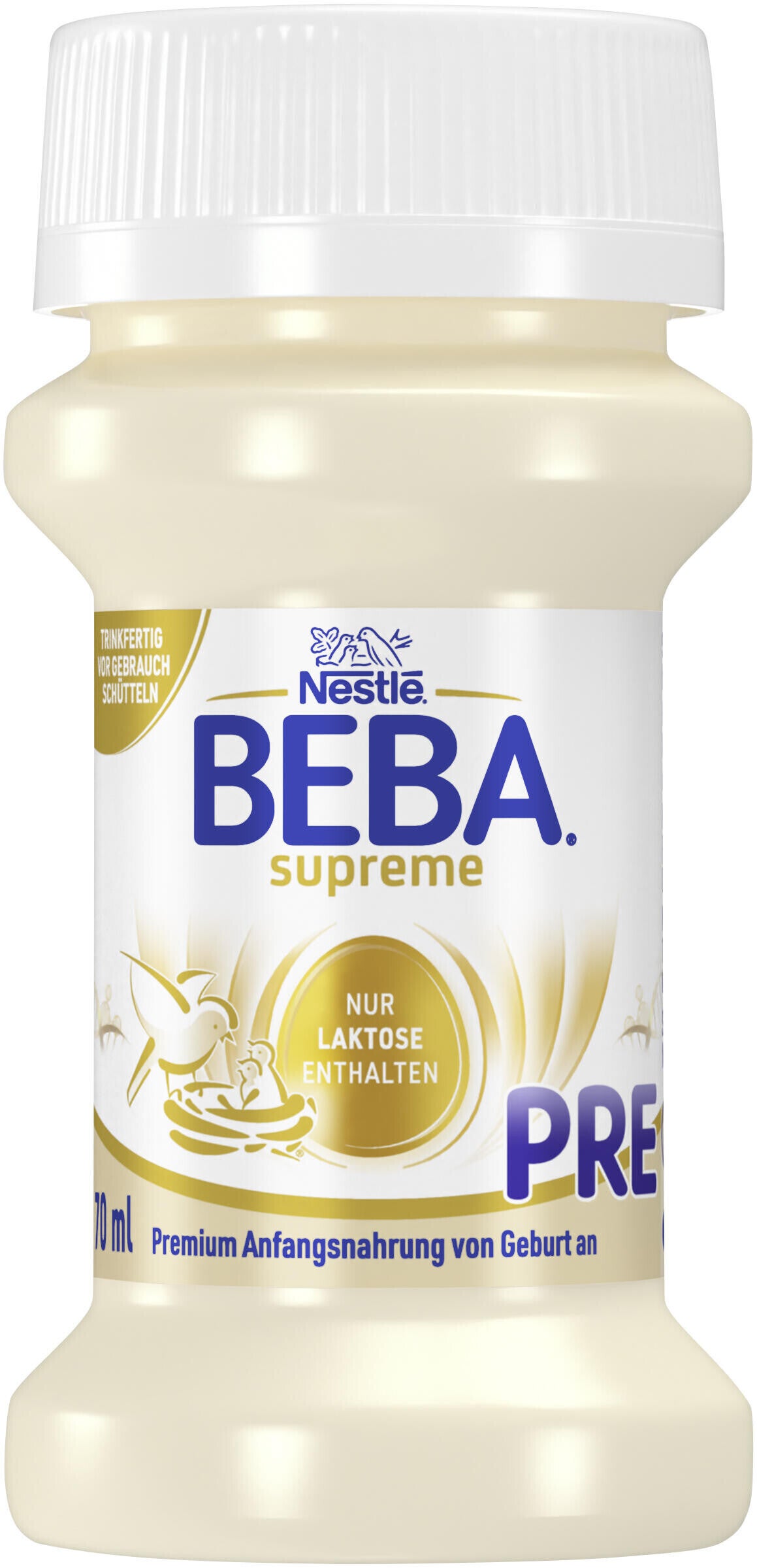 small white BEBA Supreme PRE baby formula bottle with blue label