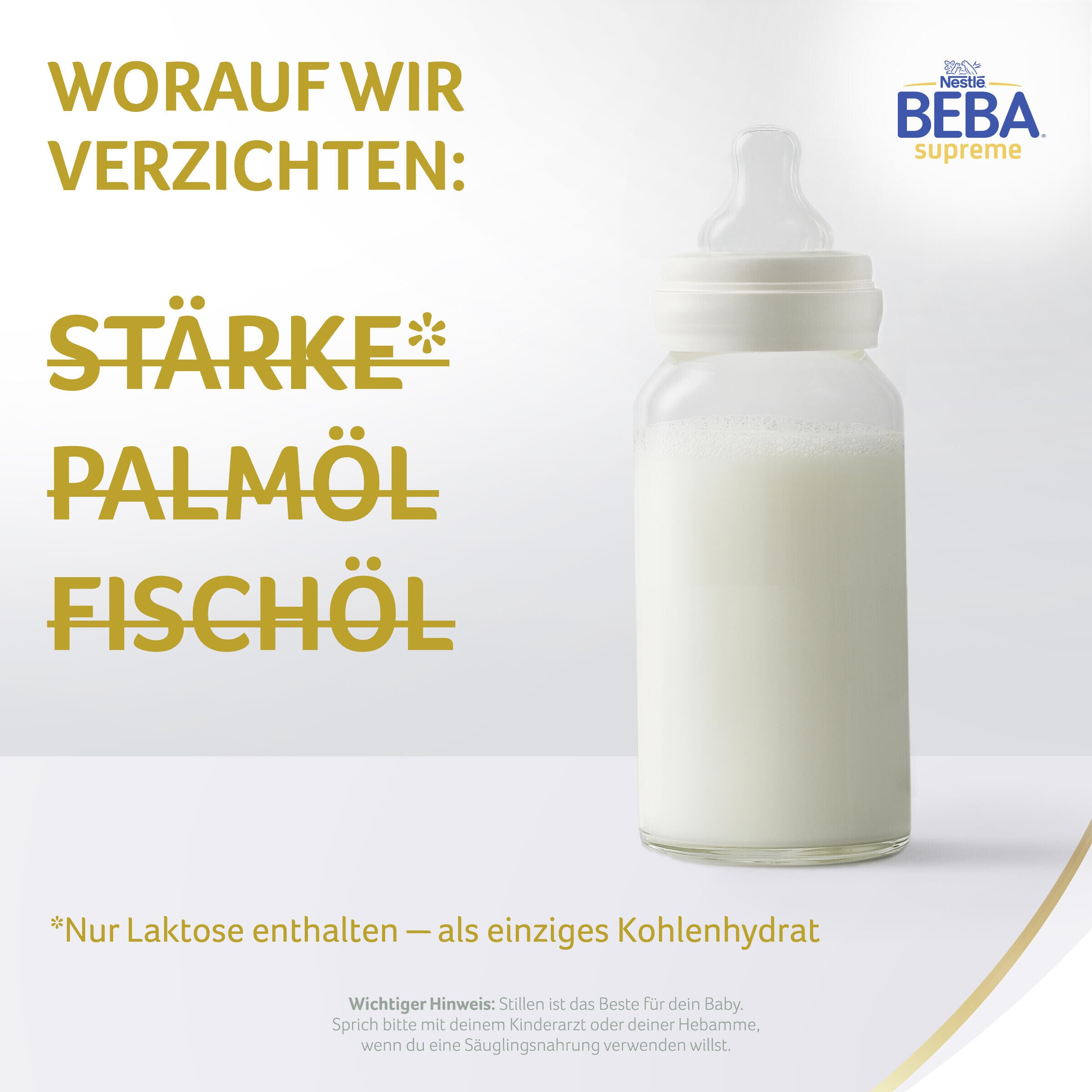 baby bottle with milk, BEBA logo, gold German text listing avoided ingredients