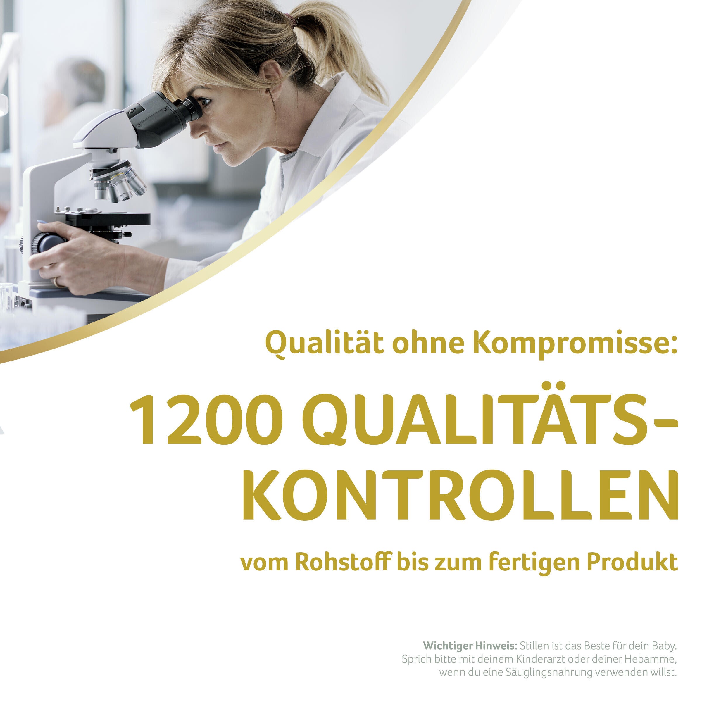 Photograph: lab technician using microscope on German quality-control flyer