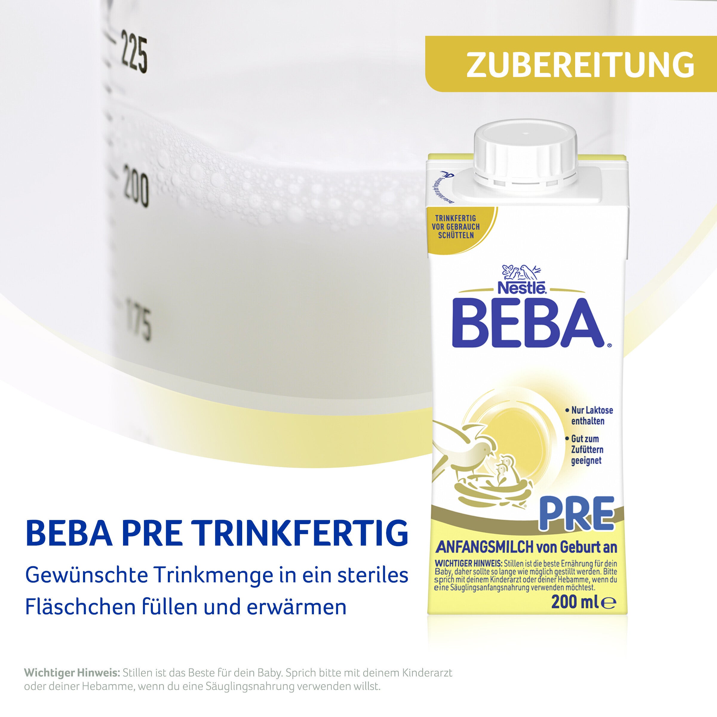 Container and measuring cup with Beba Pre baby milk formula, yellow accent.