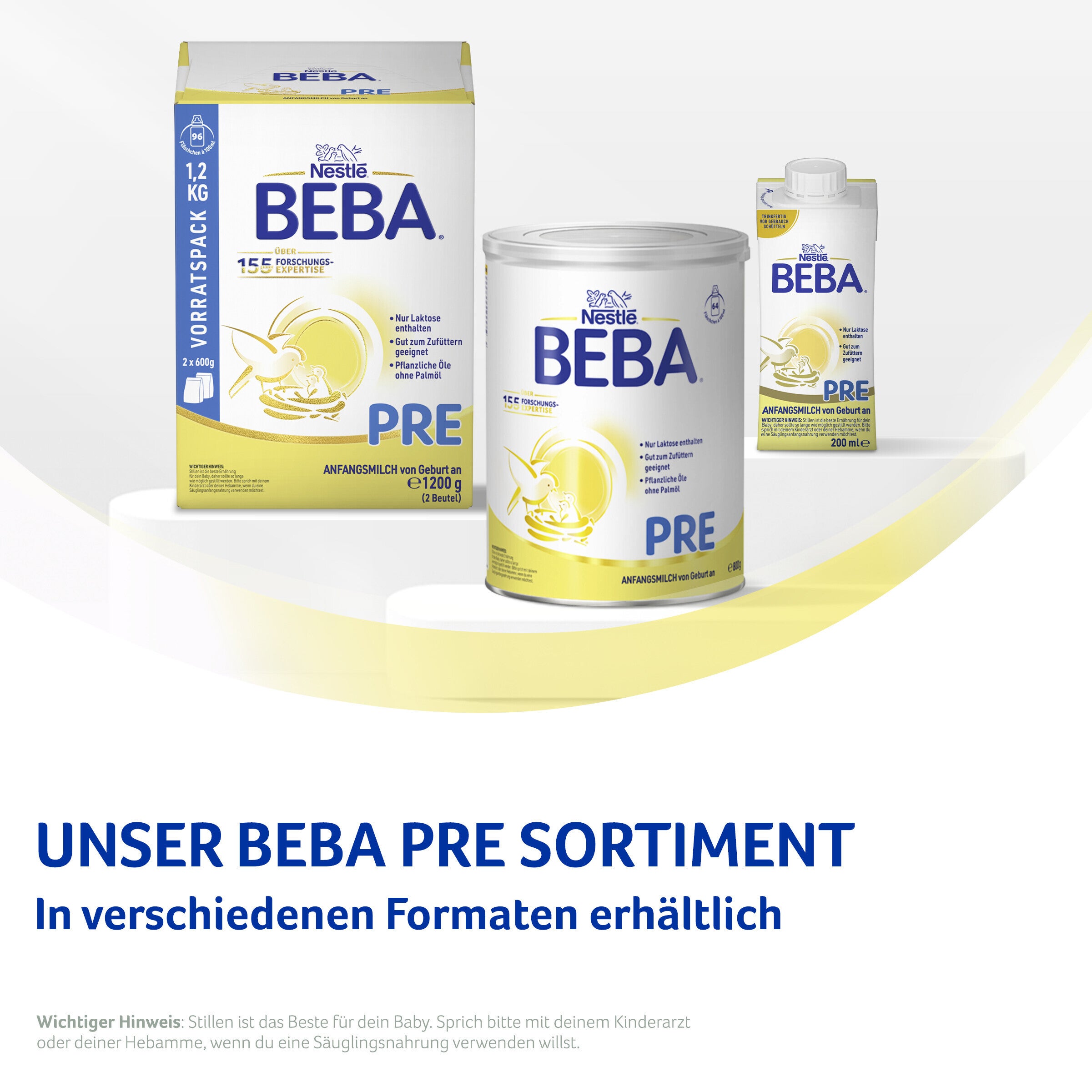 Beba Pre baby formula packages, three different sizes, white background.