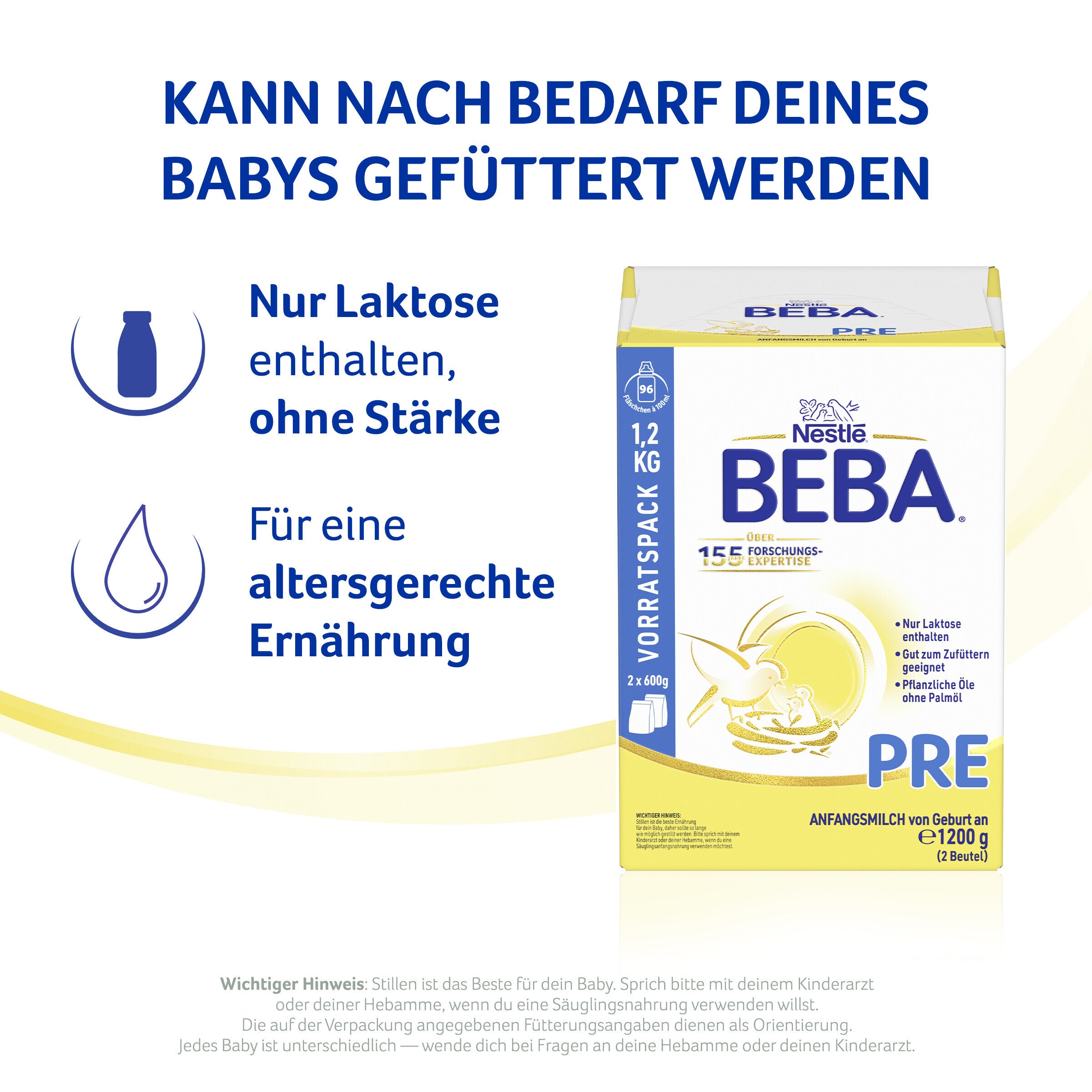 Baby formula packaging, white and yellow design with blue text.