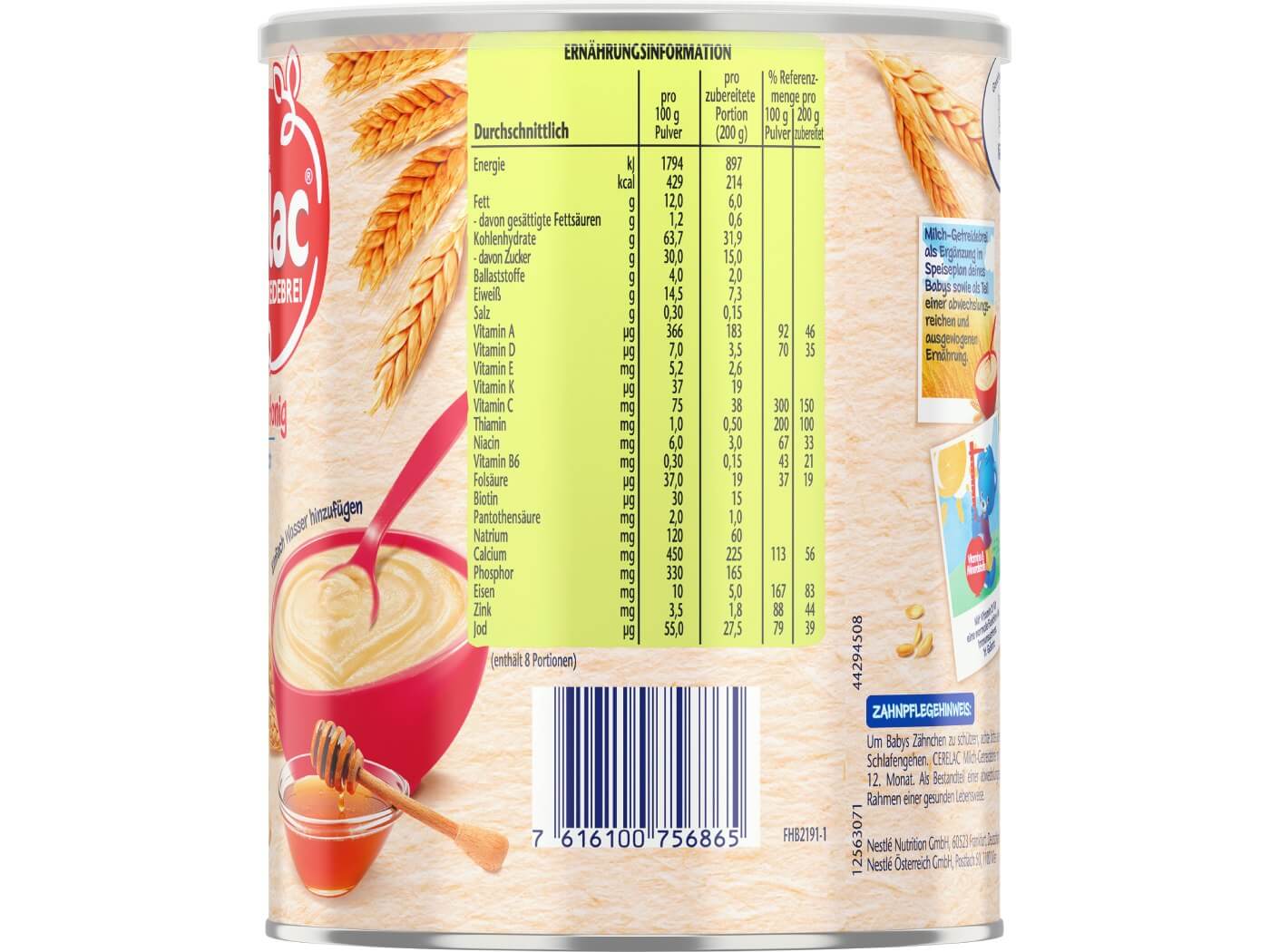 CERELAC Milch-Getreidebrei mit Honig- 400g - Ansicht Ernährungsinformation