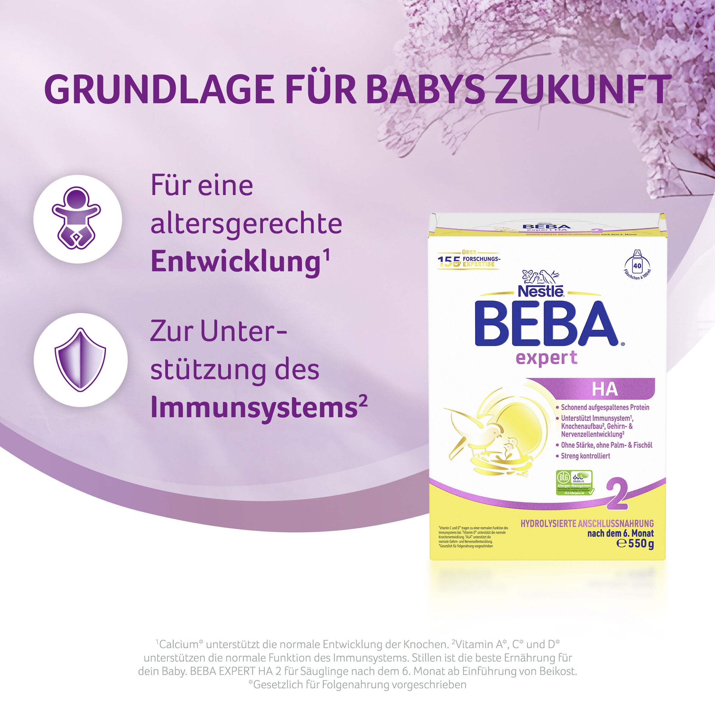 Infant formula box with purple floral decoration.