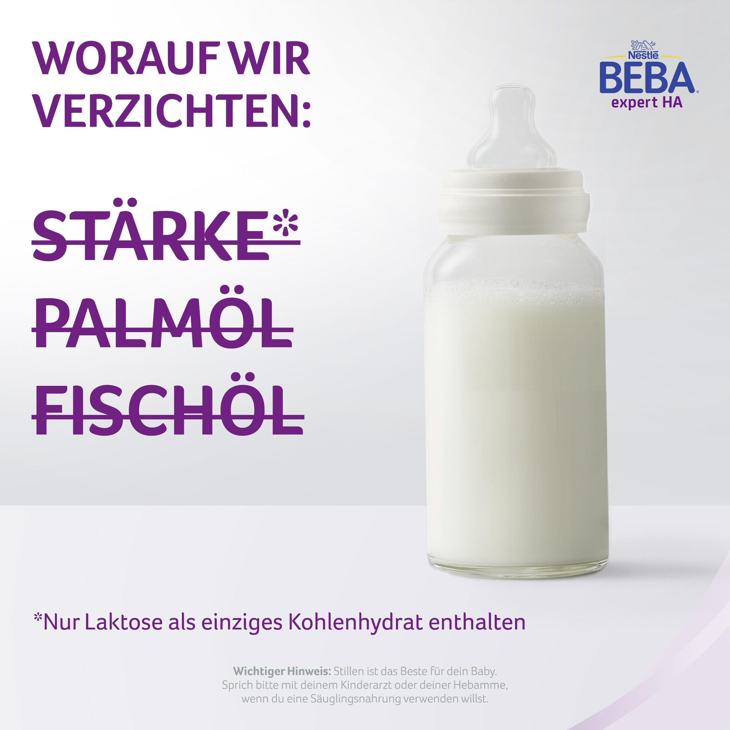 Baby bottle filled with white liquid next to German text and BEBA logo.