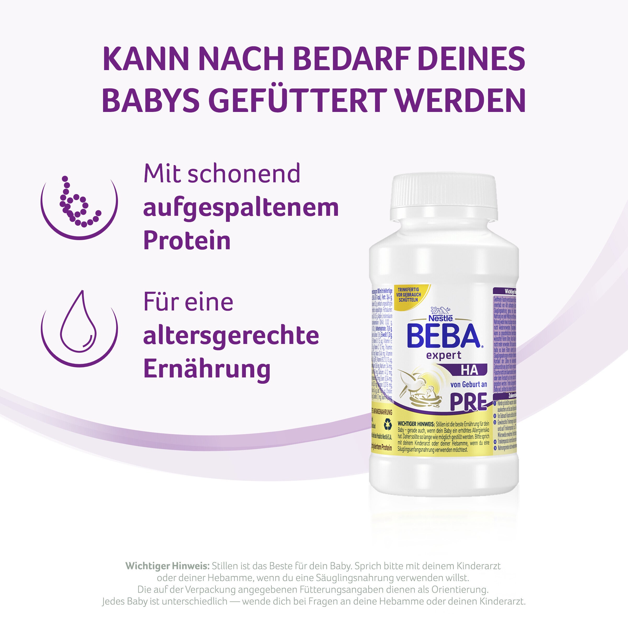 Beba baby formula bottle with purple accents on a white background.