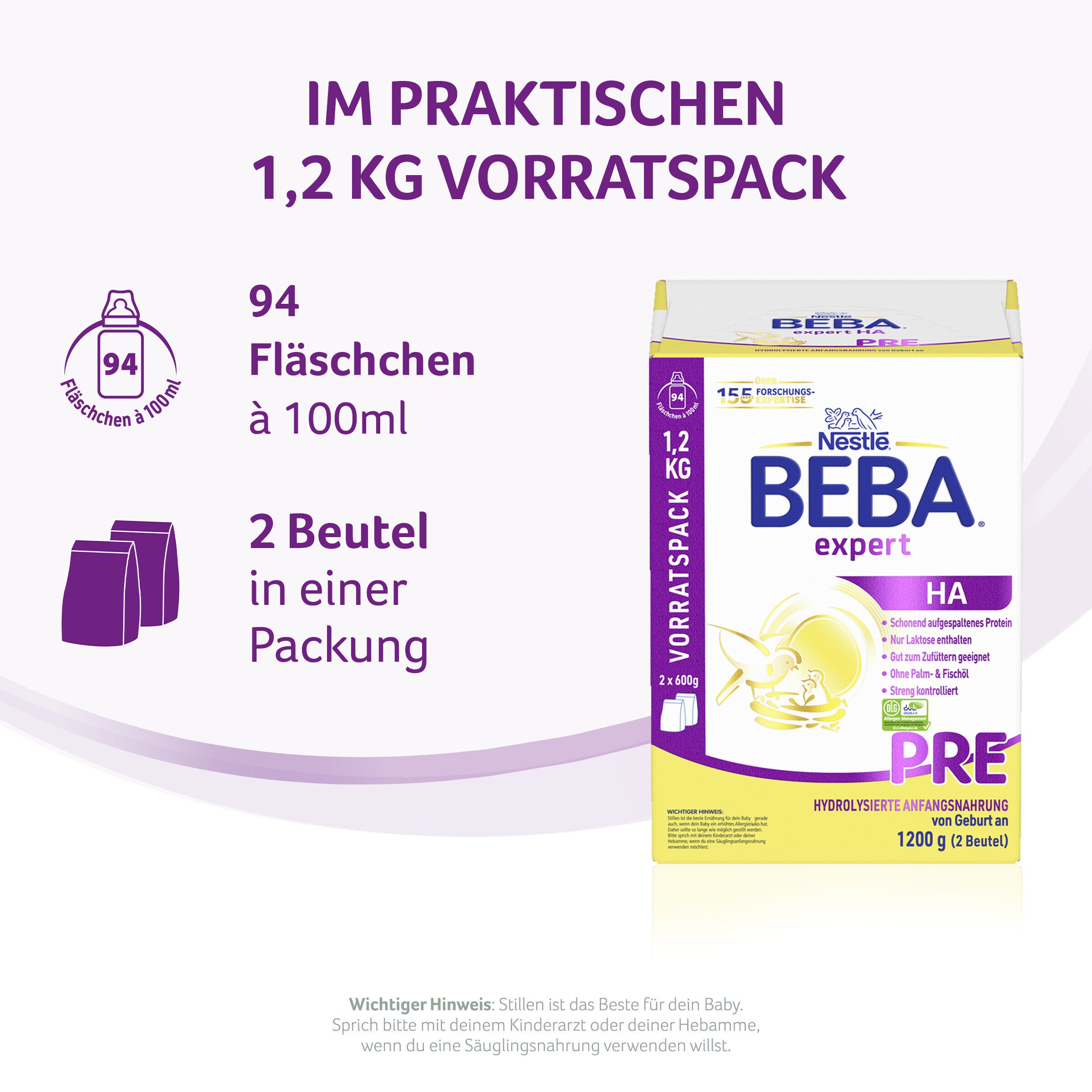 Packaging of BEBA Expert HA infant formula, purple and yellow design.