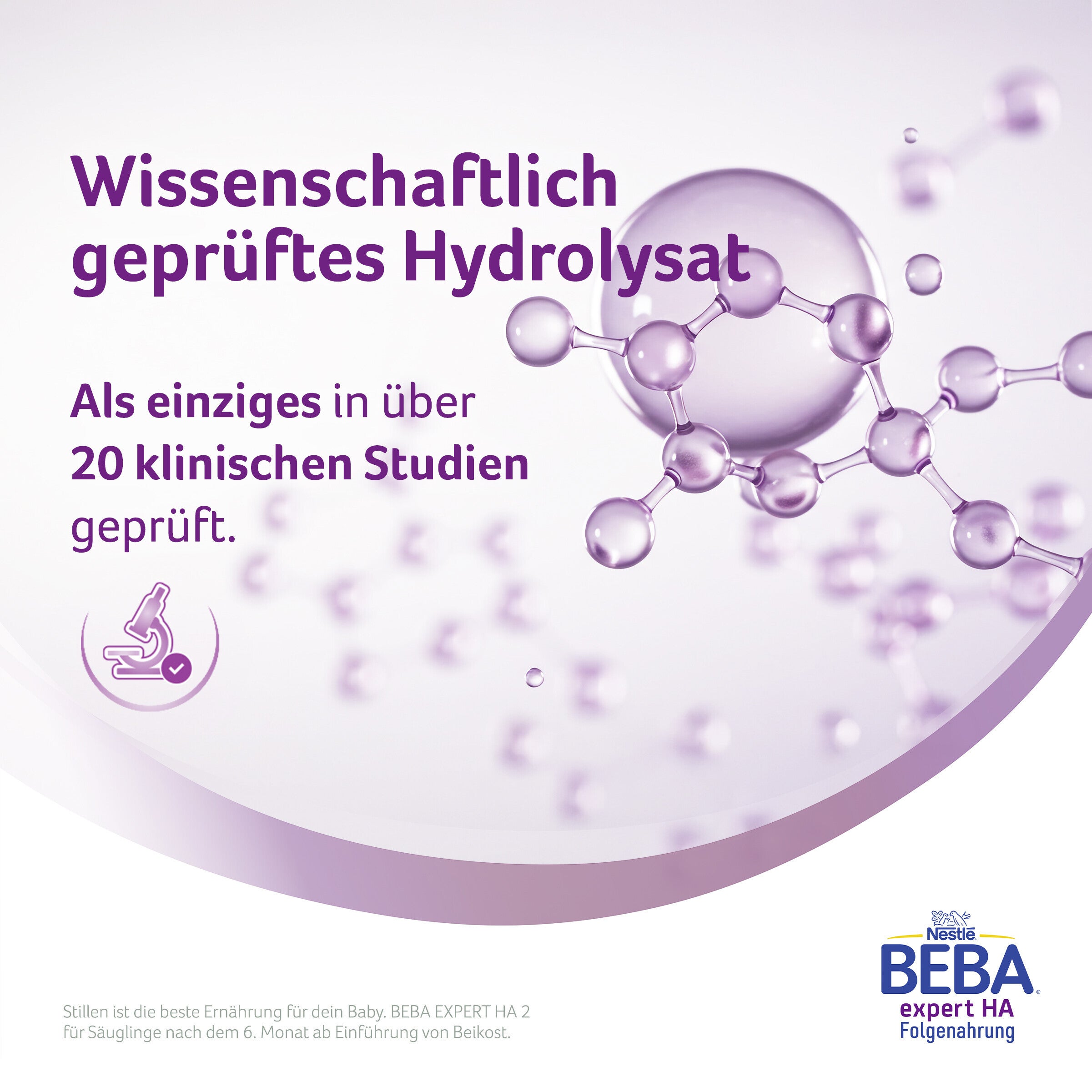 Hydrolyzed molecule graphic in purple tones alongside BEBA logo.