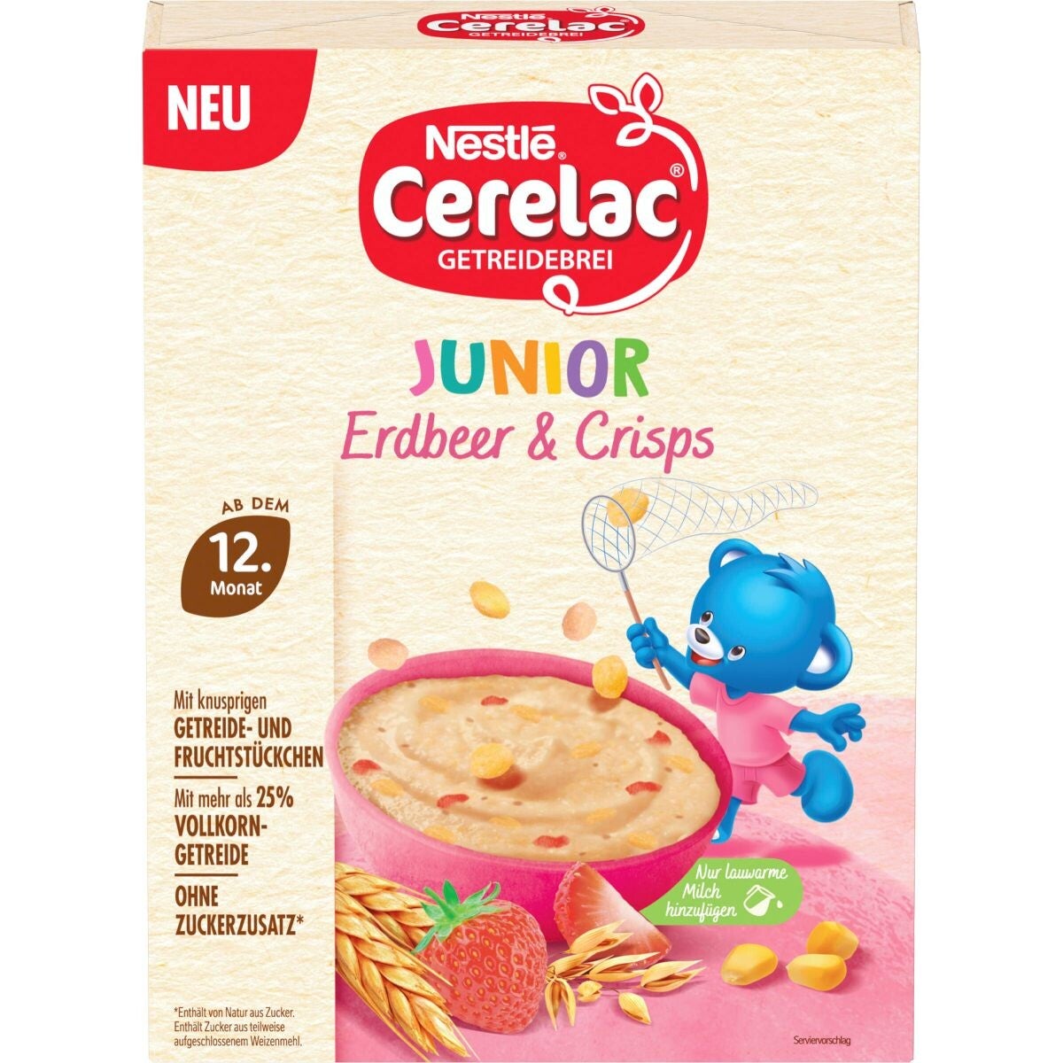 Nestlé Cerelac Junior Erdbeer & Crisps Packung mit blauem Bären.