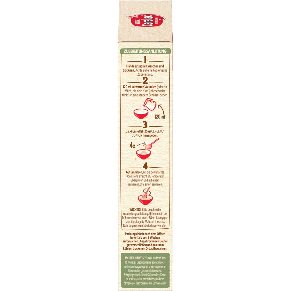 Verpackungsseite mit Kochanleitung und Grafiken in Rot und Grün.