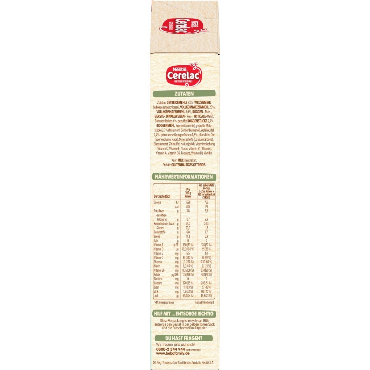 Verpackung eines Nestlé-Cérélac-Produkts mit Nährwerttabelle.
