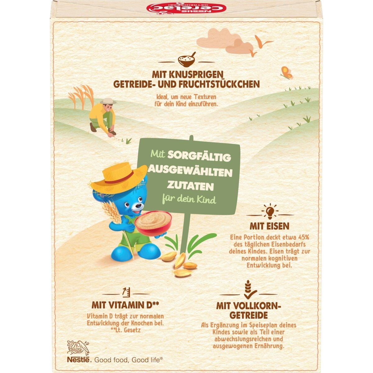 Getreideverpackung mit blauem Bären in Landschaft, Text und Symbole.