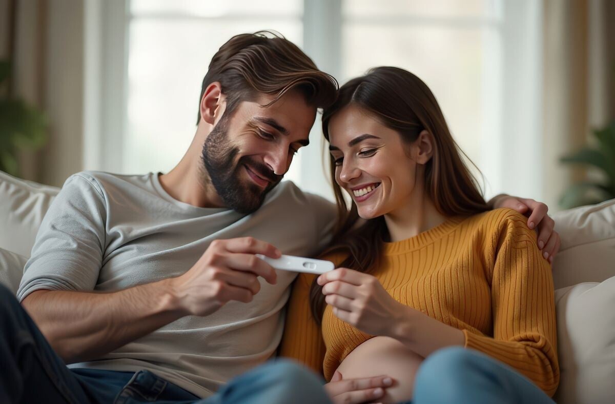 Pärchen freut sich über einen positiven Schwangerschaftstesz sitzend auf der Couch