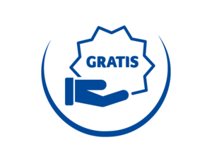 Certified logo with hand holding a badge, in blue.