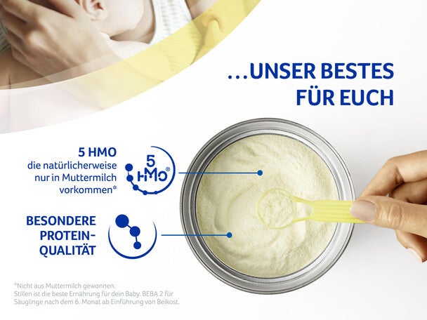Foto einer stillenden Mutter mit Baby; Dose Babynahrung, Löffel und BEBA-Logo.