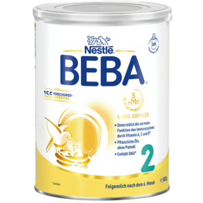 Weiß-gelbe Dose Säuglingsmilch BEBA 2