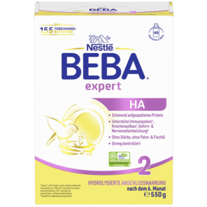 Nestlé BEBA Expert HA Babynahrungs-Verpackung in Gelb und Lila.