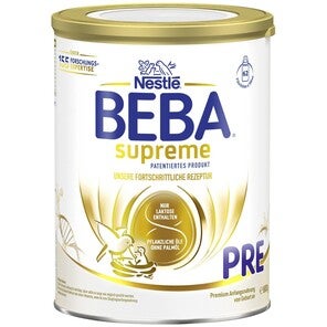 Produktfoto: weiß-goldene Dose Nestlé BEBA supreme PRE Säuglingsnahrung