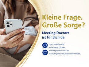 Fotografie von Händen, die ein Smartphone halten, neben einer deutschen Gesundheitswerbung/Grafik.
