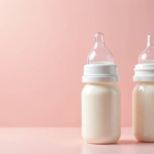 Zwei beieinander stehende und mit Milch gefüllte Babyflaschen.