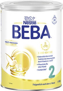 Weiß-gelbe Dose Säuglingsmilch BEBA 2