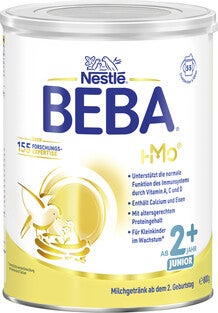 Gelb-weiße Dose mit Nestlé BEBA-Logo, Milchnahrung für Kinder ab 2 Jahren