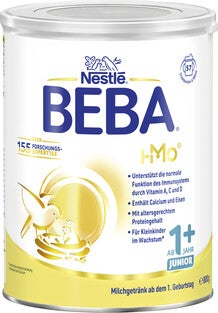 Nestlé BEBA Milchpulverdose, gelb-weiß, Hasen-Logo und Messlöffel