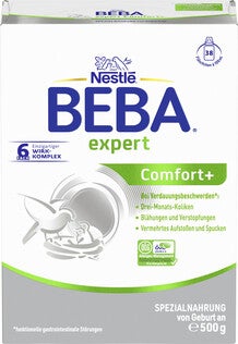 Nestlé BEBA expert Comfort+ Dose, weiß mit grünem Etikett und Milchlöffel