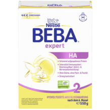 Nestlé BEBA Expert HA Babynahrungs-Verpackung in Gelb und Lila.