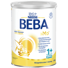 Nestlé BEBA Milchpulverdose, gelb-weiß, Hasen-Logo und Messlöffel