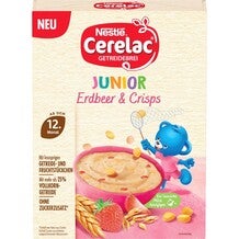 Nestlé Cerelac Junior Erdbeer & Crisps Packung mit blauem Bären.