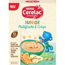 Nestlé Cerelac Junior Packung mit Brei, Obst und einem blauen Bären.