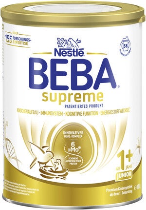 Nestlé BEBA supreme Dose, Kindermilch für 1+, gold-weißes Design, Logo sichtbar