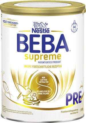 Produktfoto: weiß-goldene Dose Nestlé BEBA supreme PRE Säuglingsnahrung