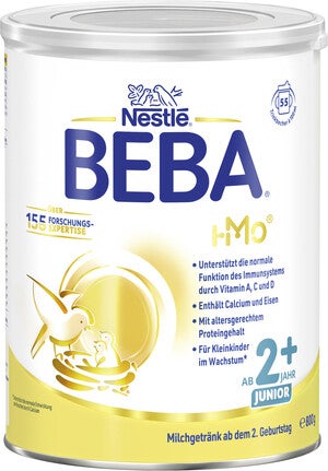 Gelb-weiße Dose mit Nestlé BEBA-Logo, Milchnahrung für Kinder ab 2 Jahren
