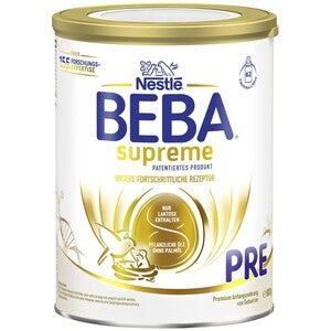 Produktfoto: weiß-goldene Dose Nestlé BEBA supreme PRE Säuglingsnahrung