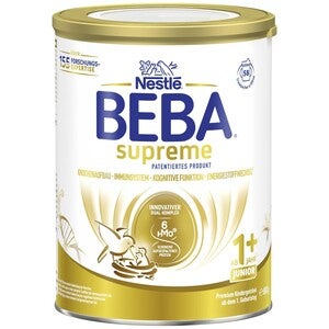 Nestlé BEBA supreme Dose, Kindermilch für 1+, gold-weißes Design, Logo sichtbar
