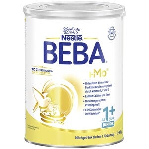 Nestlé BEBA Milchpulverdose, gelb-weiß, Hasen-Logo und Messlöffel