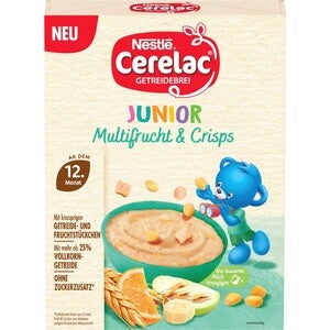 Nestlé Cerelac Junior Packung mit Brei, Obst und einem blauen Bären.