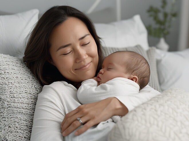 Mutter hält ihr schlafendes Neugeborenes auf dem Arm